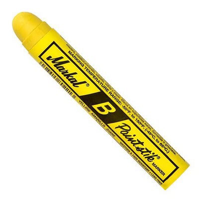 Markal "B" Paintstik i gul farve, en solid malingsstift der kan bruges på mange forskellige overflader som træ, metal og gummi.