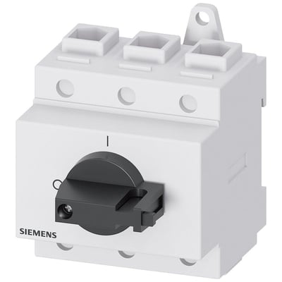 Siemens Sentron 3LD2 hovedafbryder med tre poler, hvidt kabinet og sort drejegreb, set skråt forfra.