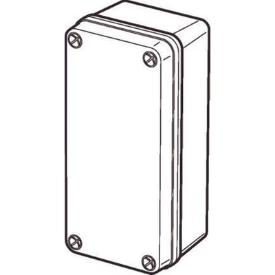 Teknisk illustration af Fibox Piccolo monteringskasse, viser proportioner og skruernes placering på et lysegråt kabinet.
