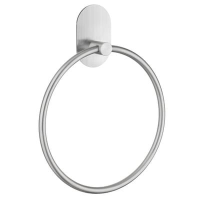 Beslagsboden håndklædering i rustfrit stål med rund ring og oval, selvklæbende vægplade, set forfra.