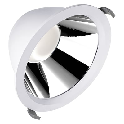 Ledvance Downlight Comfort HE indbygningsspot med hvid rund kant og spejlblank reflektor, set skråt forfra.