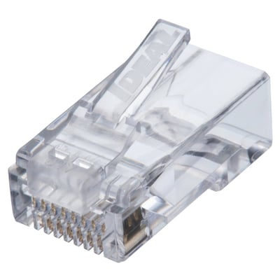 Ideal Industries Modular Plug Feed-Thru Kat.6 UTP stikket er transparent og har et IDEAL logo indgraveret på låseclipsen.