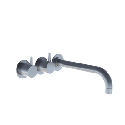 Vola 2-grebsblander med vægmontering, showcases to runde greb og en svanehalskartud i børstet metal.