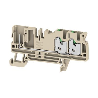 Weidmüller SPGTB 2.5 FT 3C/1 terminalblok i mørk beige, set skråt forfra med synlige SNAP IN-kontakter.