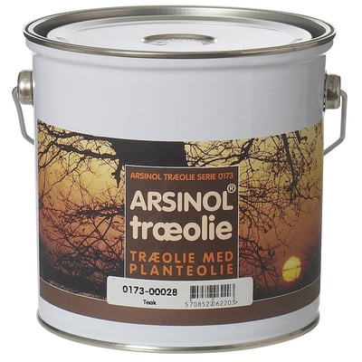 Nærbillede af ARSINOL® teaktræolie 2,5 liters dåse med produktinformation og stregkode tydeligt synlig.