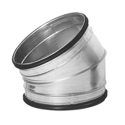 Galvaniseret stål bøjning fra Lindab Safe BFU, med 30 graders vinkel og 630 mm diameter, isoleret på hvid baggrund.