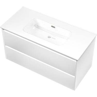 Sanibell Proline møbelsæt i mathvid, 101x46cm, med to skuffer og integreret vask med overløb. Møblet har en mat overflade og softclose skuffer.