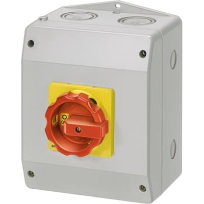 Siemens 6-polet hovedafbryder med 63A og 400V spænding, vist i IP65 kunststofkapsling med rød drejeknap.