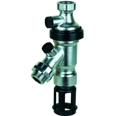 Resideo Braukmann spulehane BA295D-WH, 3/4" x 1" med nippel og plomberingsbøjle i forkromet messing med sorte detaljer.