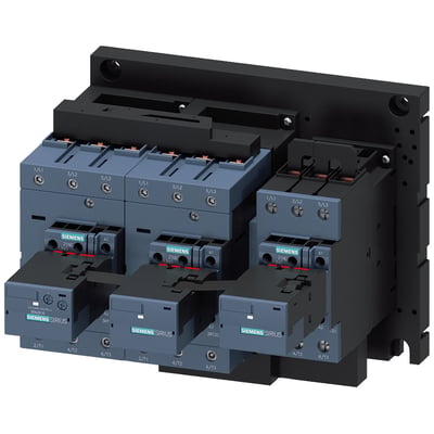Siemens star-delta kontaktorsamling type 3RA2445-8XF32-1NB3 til 75kW/400V AC-3 applikationer, vist på sort bagmontering.