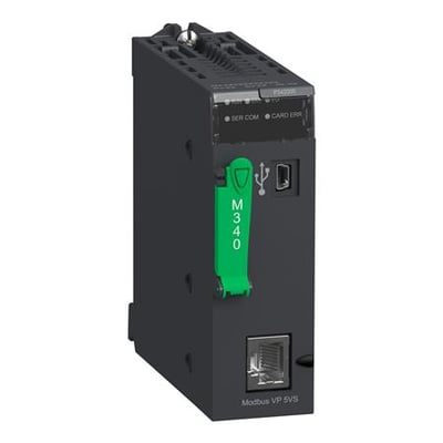 Schneider Electric Modicon M340 CPU-modul med 4096KB RAM, vist fra siden med grøn M340 mærkat, USB- og RJ45-porte.