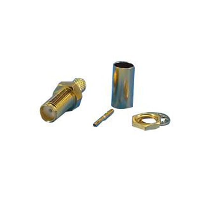 SMA hun Bulkhead crimp konnektor med tilbehør til LMR200 kabel. Indeholder stik, crimp-pin, møtrik og pakning.