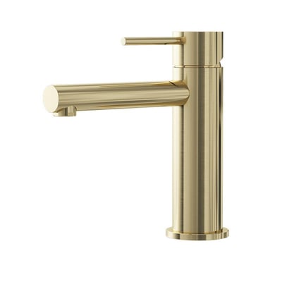 Lavabo Mira 155 RS Slim håndvaskarmatur i PVD-messing, set skråt forfra med cylindrisk krop, tud og enkelt greb.