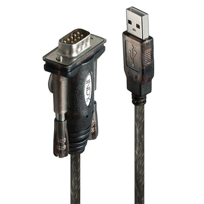 USB 1.1 til seriel converter med USB Type A male stik og RS232 9-vejs male stik på hvid baggrund.