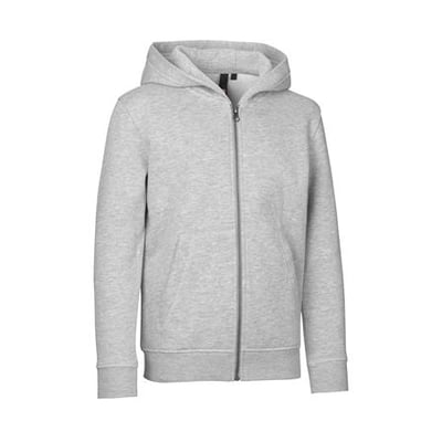 ID Identity børne hætte sweat cardigan i grå melange, størrelse 4/6 år, vist med lynlås og kængurulomme foran.