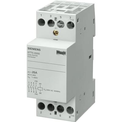 Siemens INSTA-kontaktor med 3 NO- og 1 NC-kontakt, 25 A og 115 V AC, set forfra og fra siden.