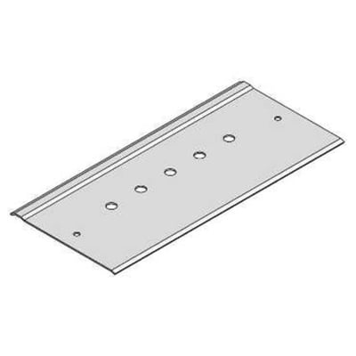 Schneider Electric montageplade til 100 mm FZS deleskinne, lavet af rustfrit stål med flere monteringshuller.