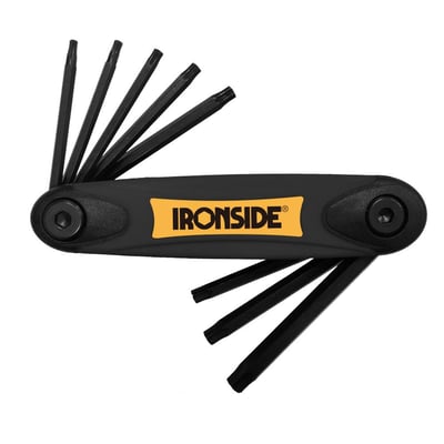 Ironside Torxnøglesæt TX9-40 i knivmodel med otte sorte Torx-nøgler foldet ud fra det sorte håndtag.