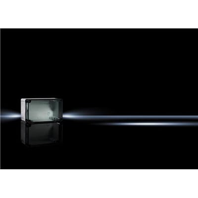Rittal polykarbonatboks PK med dimensioner 57x94x180 mm, uden forprægninger, vist på sort baggrund med refleksion.