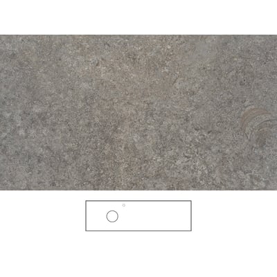 Svedbergs Mineral bordplade i kalksten, 161 x 46 cm, med gråmeleret overflade og skitse af udskæring og armaturhul.