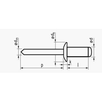 Teknisk tegning af blindnitte 6,4x15 mm med rundhoved, fremstillet af aluminium og stål, med dimensioner angivet.