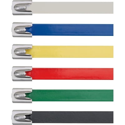 Stribevis af Panduit kabelbindere i forskellige farver: hvid, blå, gul, rød, grøn og sort med identiske spænder.
