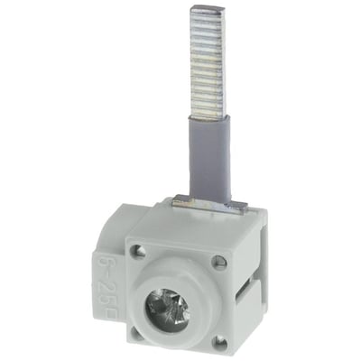 Siemens 5ST tilslutningsklemme til 25mm² ledninger med IP20, vist med metalstift og grå plastafdækning, klar til brug.