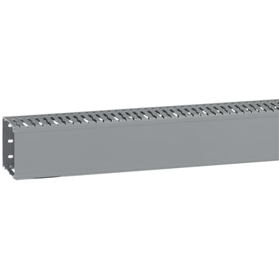 Legrand ledningskanal i grå RAL 7030, med 100x40mm dimensioner og UL/CSA godkendelse, viser den perforerede topkant og glatte side.