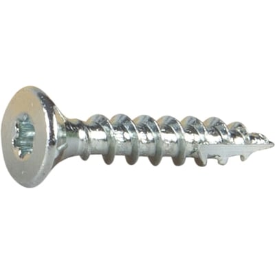 Essve spånpladeskrue 3,5 x 20 mm med undersænket hoved og TX10 kærv, vist med glinsende elforzinket overflade og fiberskær.