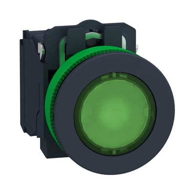 Schneider Electric Harmony XB5 flush trykknap i grøn med LED-lys, 24V, 1NO+1NC kontakter og mørkegrå ramme isoleret på hvid baggrund.
