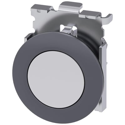Siemens SIRIUS ACT 30 mm rund trykknap i mat hvid metal med mørkegrå frontring og monteringsbeslag.