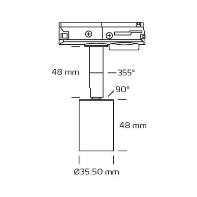 Teknisk tegning af Nordtronic 1-faset skinnespot med dimensioner for højde, bredde og rotationsvinkler.