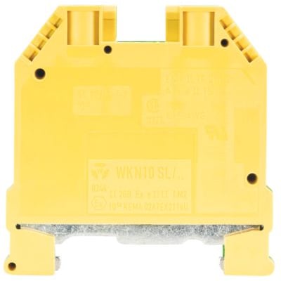 Bagside af Wieland jordklemme WKN 10 SL, gul/grøn, med påskrift og godkendelsesmærker for 10mm² ledning og TS35-skinne.