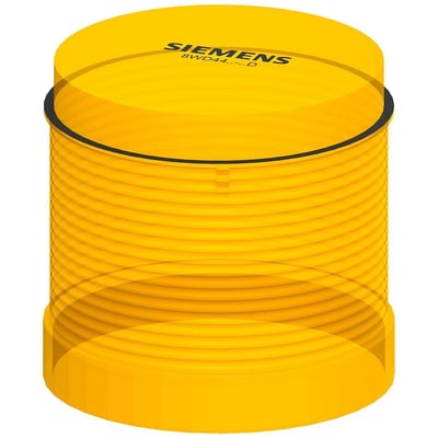 Siemens 8WD4 signallampe i gul med integreret LED, 70mm diameter, ideel til advarselsanordninger på hvid baggrund.