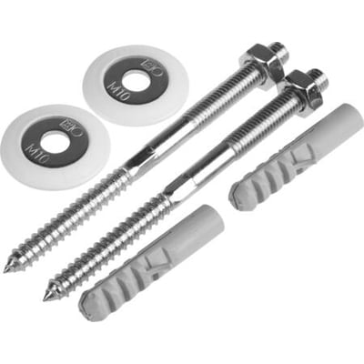 Sæt med håndvaskbefæstigelser: to gevindstænger på 10x140mm, to M10 skiver og to grå rawlplugs.