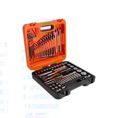 Bahco topnøglesæt med 98 dele i orange og sort opbevaringskasse, inklusiv toppe og ring-gaffelnøgler.