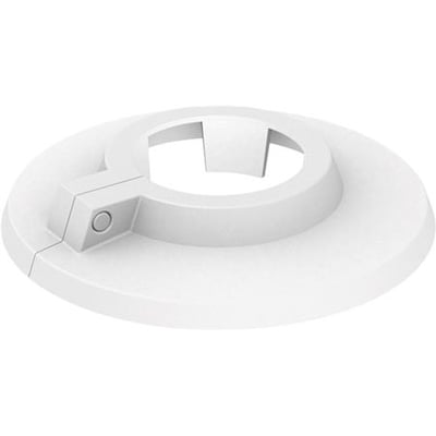 Hvid plastrosset til 15 mm rør, todelt med en diameter på 55 mm, vist isoleret på en lys baggrund.