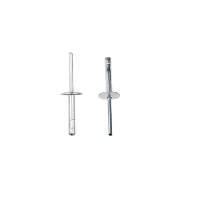 Nærbillede af to Masterfix 4,0x10 mm blindnitter i aluminium/stål med stort hoved og Multigrip, isoleret på hvid baggrund.