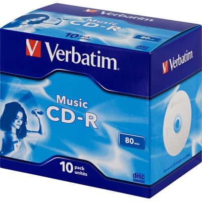 Emballagen til Verbatim Live it Music CD-R til lydoptagere, blå æske med 10 CD-R-medier på 80 minutter.