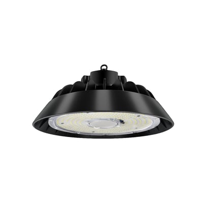 LEDlife LED high bay på 200 W med sort, rund krop og synligt LED-panel, set skråt nedefra.