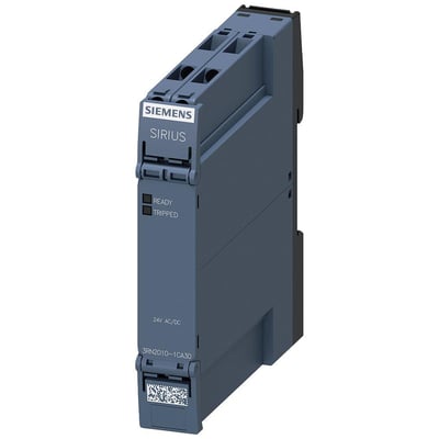 Siemens SIRIUS 3RN2010 termistorrelæ til motorbeskyttelse, 24V AC/DC, med 1 NO og 1 NC kontakt, vist fra siden.