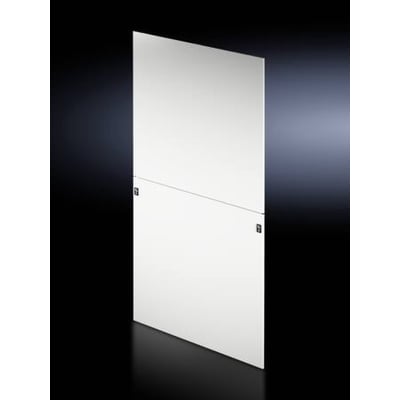 Rittal VX IT sideplade, vandret opdelt i to sektioner, hvid, mål 2450x1200 mm, vist på mørk baggrund.