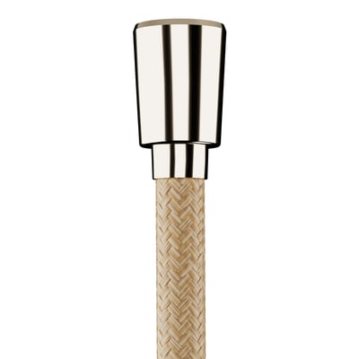Nærbillede af Hansgrohe bruseslangen i guld, der viser den flettede tekstur og det skinnende metalgevind ved tilslutningen.