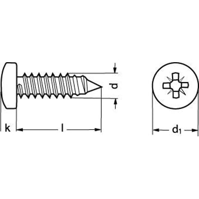 Teknisk illustration af 6,3X13 DIN 7981 A2 rustfri pladeskrue med panhoved og pozi-kærv med mål angivet.