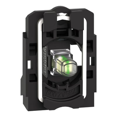 Schneider Electric lampekrop ZB5 uni LED blink, universal farve, 230V, med grønt LED lys og tekst ZB5AZ009.