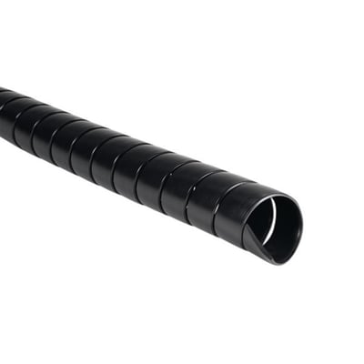 Nærbillede af en HellermannTyton SPF 40 spiralslange i sort polypropylen, der beskytter kabler mod vibrationer.