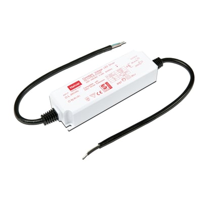 Helvar LED Driver OL1x75-E-CV24 med 75W og 24V udgang, viser tilslutningskabler og mærkning med tekniske specifikationer.