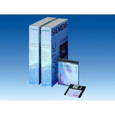 Siemens SIMATIC S7 MODBUS master V3.1 software-licensboks med to manualer, et diskettedrev og en software-etui på blå baggrund.