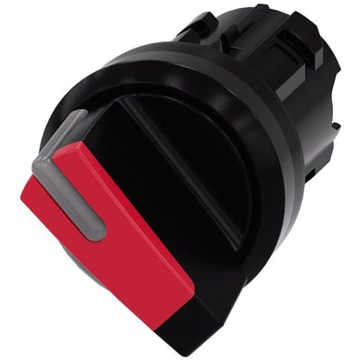 Siemens 22mm rundt omskifterhåndtag i rød og grå plast med sort baggrund.