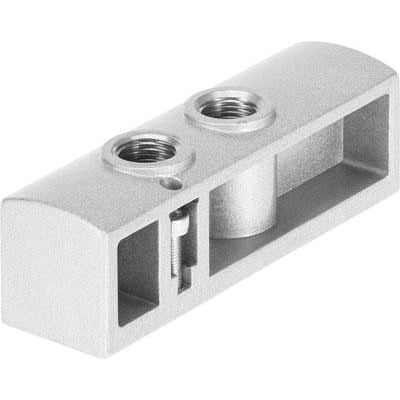 Festo forsyningsplade VABF-B10-30-P1A4-G38-P3 i aluminium med to gevind for pneumatik på hvid baggrund.